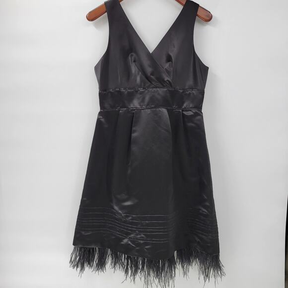Max and Cleo Maralin Satin Dress Womens 12 Black Feathers Holiday Cocktail - Picture 1 of 16